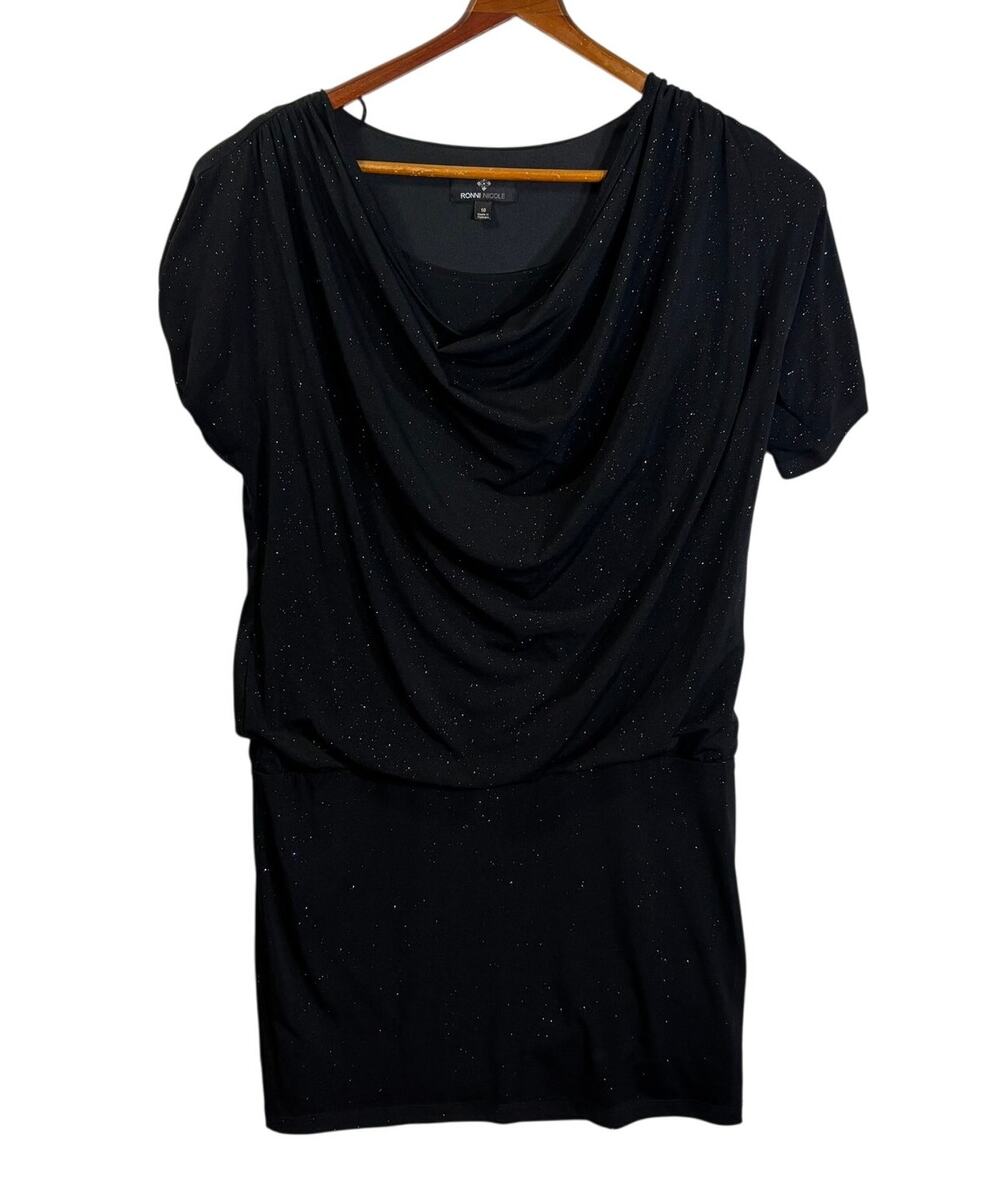 RONNIE NICOLE Women Sz 10 Black  DRESS Blouson Short Sleeve Stretch Dressy Shiny